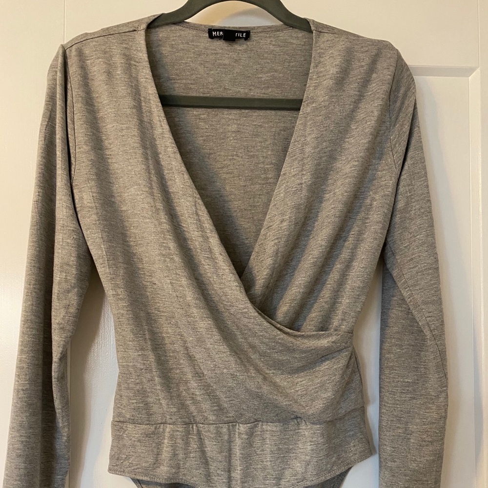 Grey wrap long sleeve, low cut body suit